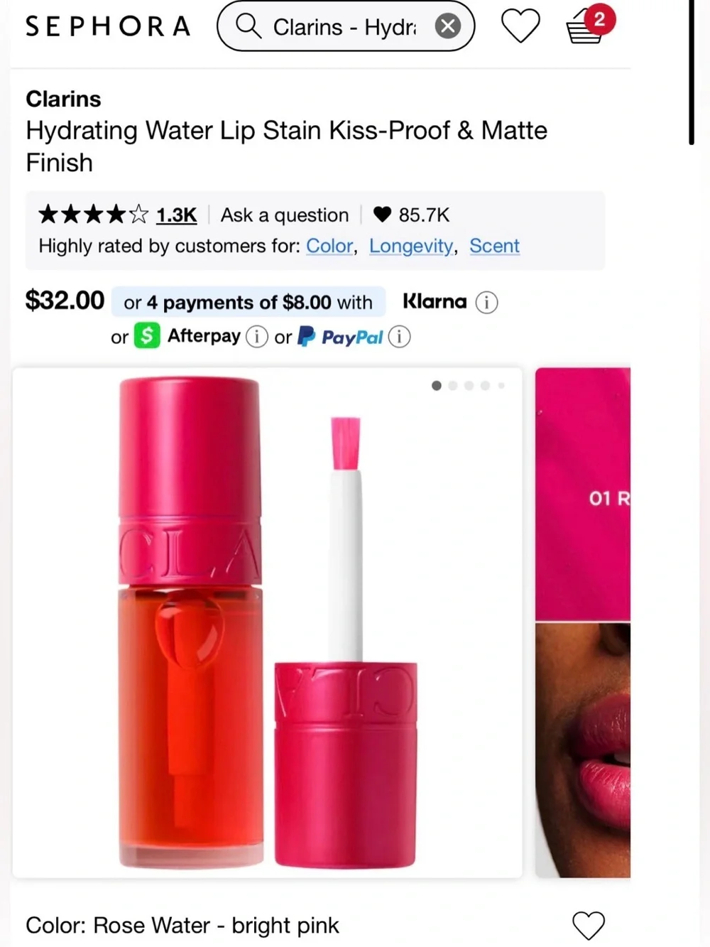 Clarins Hydrating Water Lip Stain — Bright Pink / Coral Tube